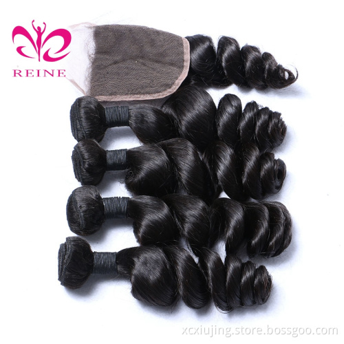 REINE wholesale free sample malaysian remy Loose wave human virgin mink hair bundles with 4*4 closure